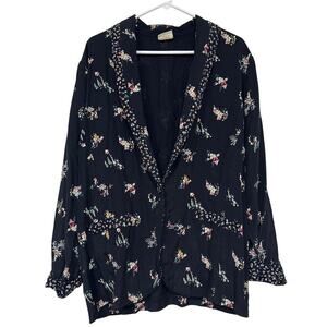 David Wayne Women's Vintage Black Floral Blazer Blouse Single Button Medium